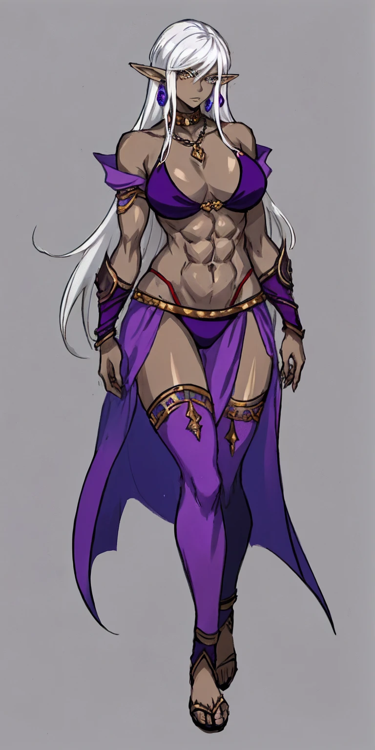 Appearance
Gender: Female
Age: Mature
Race: Drow (elf with dark skin and white hair)
Height: Full-body
Skin: Gray
Skin: Gray
Background: Plain Gray
Eyes: Purple
Attire: Bikini, revealing abdominal muscles
Accessories: Large earrings, ragged rags, chain necklace