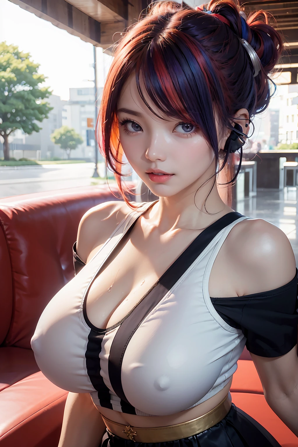 masterpiece, best quality, high resolution, 1 girl, Colored hair, hair covering one eye, Red hair, multicoloRed hair, long hair, purple eyes, bicolor hair, hair ring, earphone, white hair, , Bangs, very long hair, medium breasts, black skirt,(huge breasts:1.2),wet skin