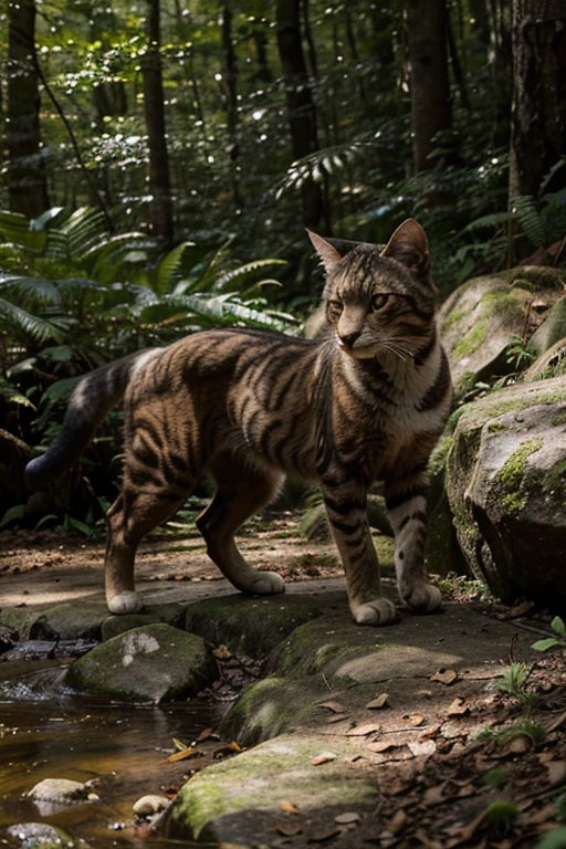 "Create an image of a wild cat (แมวป่า) in its natural habitat. The cat should have a sleek, muscular build with sharp, alert eyes, and its fur should be a mix of earthy tones like brown, black, and grey with distinct markings. The background should depict a dense forest with tall trees, thick underbrush, and scattered rocks. The scene should feel untamed and natural, capturing the wild and elusive nature of the animal. Include details like dappled sunlight filtering through the trees and a hint of movement in the foliage to add a sense of realism and vitality to the scene."