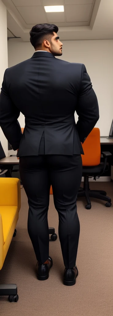 4 meter tall slightly overweight indian men. 20 years old. Childish Young hairless fresh face. In london with friend. Very sexy Posing for camera. Muscular. Wearing a tight black and office suit . Big ass. Smooth body and face. Belly seen. Long long legs. Sitting on chair. View from the back.