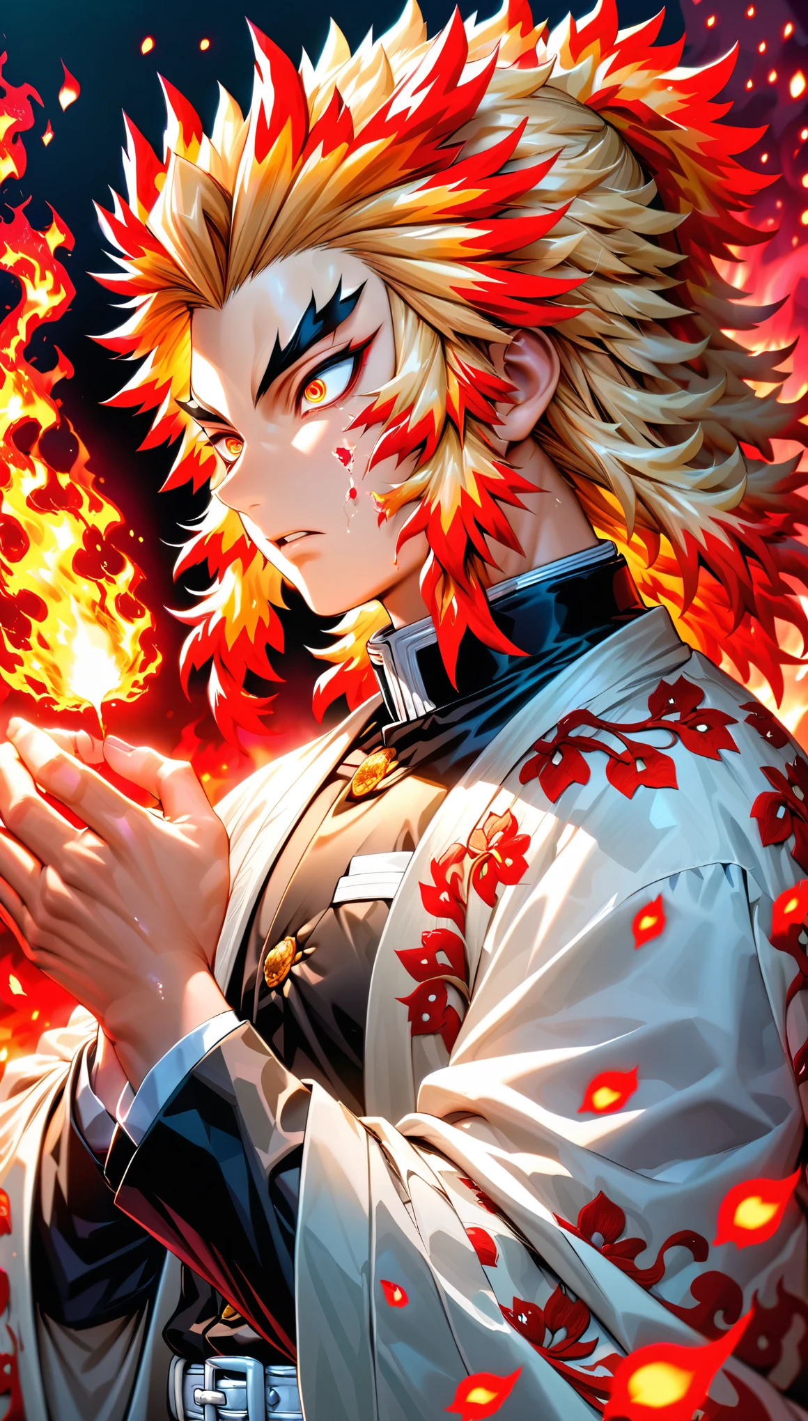Ultra detailed, highres, absurdres, HDR, master piece, Rengoku Kyojuro, blond hair, expressive golden eyes, white haori with patters of flames, black demon slayer uniform, Kimetsu No Yaiba, fantasy, petals, red flowers, handsome, sexy man, solo, magic, shining red fireflies, best quality, extremely detailed face and eyes, fire, red moon, red lightning