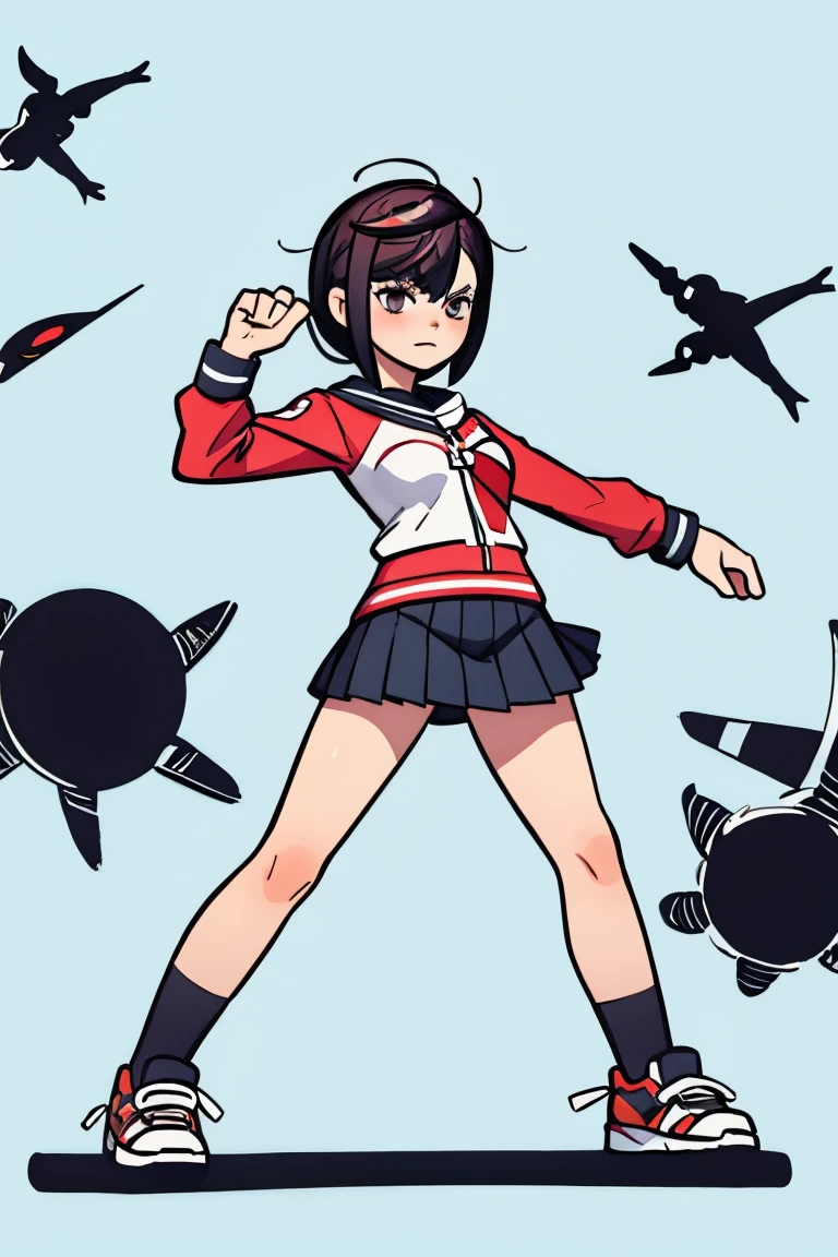 momo ayase, character design, clipart, full body, high contrast, flat_colors, character design, dynamic pose, full body, pleated_skirt 