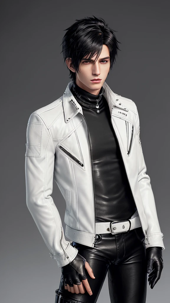 Final fantasy taste and reality graphics, Japanese young cute and cool ikemen boy, his age is early 20s, thin eyebrows and beady eyes, ((he wearing off white color leather thick material jacket)), ((jacket is singlebrest)), biker style jacket, with epaulet, jacket is long sleeve, ((must close the front of the leather jacket)), , ((voluminous leather jacket)), ,((must jacket is high length and stand-up collar)) ((jacket collar with two belts)), ((jacket is a little black color line pattern)),((close the front of the jacket)), ((also wearing black thick material turtleneck lackluster shirts)), ((tight black leather pants)), ((black leather tight and thin glove)), ((black leather knee-high raceup boots)),((must views head-to-toe)),((must views whole body)), ,((Do not show skin from the neck down)),leather jacket leather glove and leather pants have few wrinkles, Avoid showing your innerwear,zip up jacket fastner.must put on a leather glove.
Bous face is expression of ecstasy.
Boy is black hair.boy looks like fashion model.