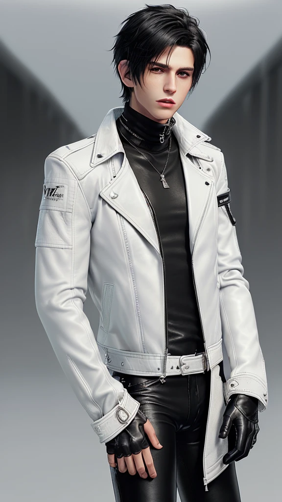 Final fantasy taste and reality graphics, Japanese young cute and cool ikemen boy, his age is early 20s, thin eyebrows and beady eyes, ((he wearing off white color leather thick material jacket)), ((jacket is singlebrest)), biker style jacket, with epaulet, jacket is long sleeve, ((must close the front of the leather jacket)), , ((voluminous leather jacket)), ,((must jacket is high length and stand-up collar)) ((jacket collar with two belts)), ((jacket is a little black color line pattern)),((close the front of the jacket)), ((also wearing black thick material turtleneck lackluster shirts)), ((tight black leather pants)), ((black leather tight and thin glove)), ((black leather knee-high raceup boots)),((must views head-to-toe)),((must views whole body)), ,((Do not show skin from the neck down)),leather jacket leather glove and leather pants have few wrinkles, Avoid showing your innerwear,zip up jacket fastner.must put on a leather glove.
Bous face is expression of ecstasy.
Boy is black hair.boy looks like fashion model.