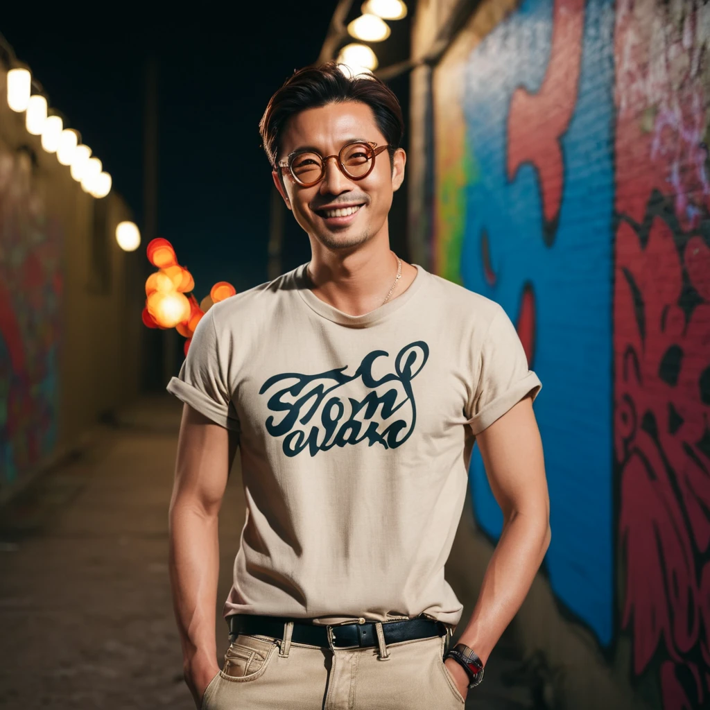 A portrait photo of a gorgeous young French-Japanese man, handsome K-pop idols face, from side, still from the film, ((solo)), (Gong Yoo look alike face: 0.9), He is 40 years old, 176 cm tall, smiling, with Buzz cut hair in black. He has electric brown eyes and is wearing a beige t-shirt, ripped jeans, and red sneakers. He has multiple tattoos (a dragon on his arm, a phoenix on his neck), He is also wearing large eyeglasses, The background colorful graffiti, with night light bulbs, bokeh, silhouette, shallowed depth of field, Leica SL3, Summicron-SL 75 f/2 ASPH, kodak gold 200 film,