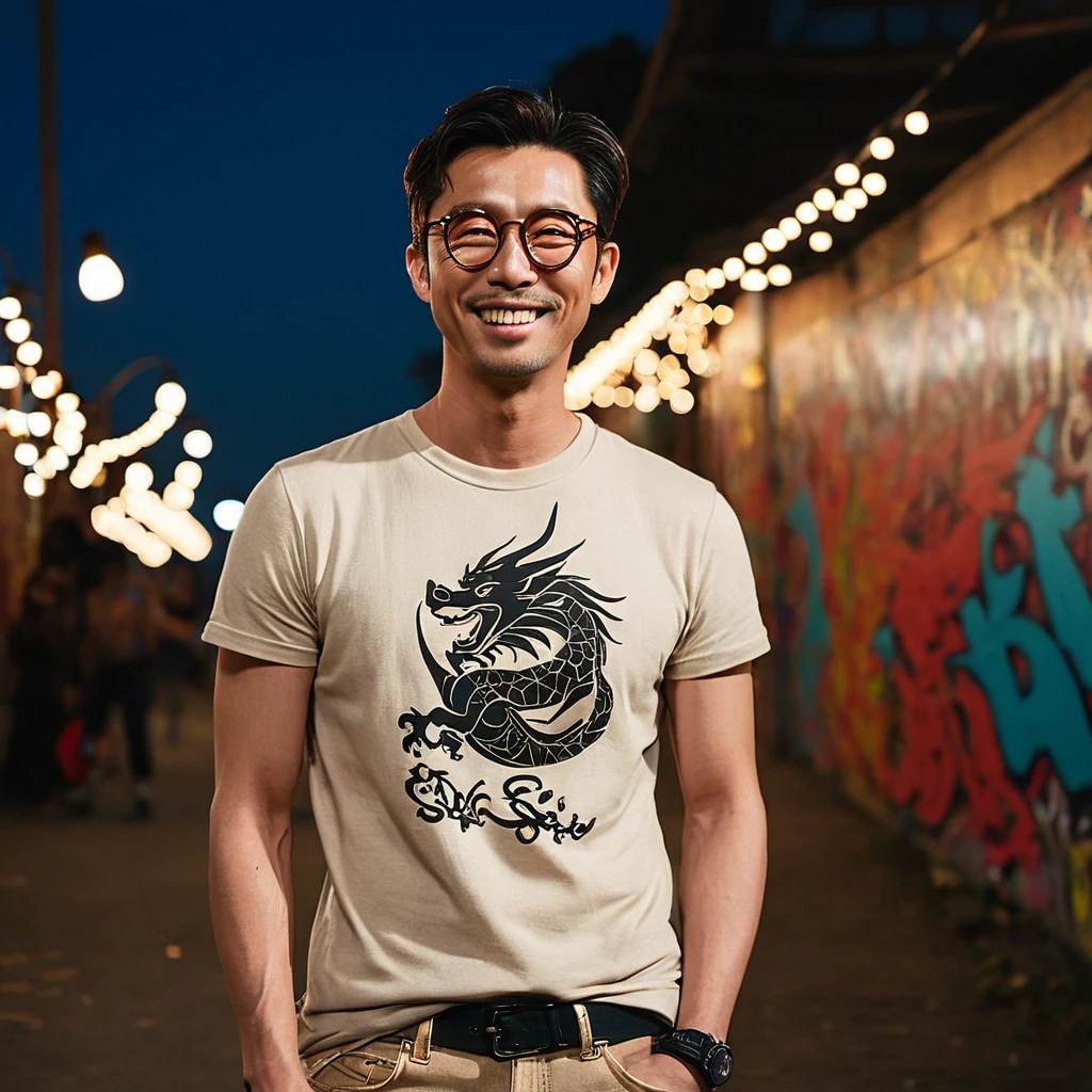 A portrait photo of a gorgeous young French-Japanese man, handsome K-pop idols face, from side, still from the film, ((solo)), (Gong Yoo look alike face: 0.9), He is 40 years old, 176 cm tall, smiling, with Buzz cut hair in black. He has electric brown eyes and is wearing a beige t-shirt, ripped jeans, and red sneakers. He has multiple tattoos (a dragon on his arm, a phoenix on his neck), He is also wearing large eyeglasses, The background colorful graffiti, with night light bulbs, bokeh, silhouette, shallowed depth of field, Leica SL3, Summicron-SL 75 f/2 ASPH, kodak gold 200 film,