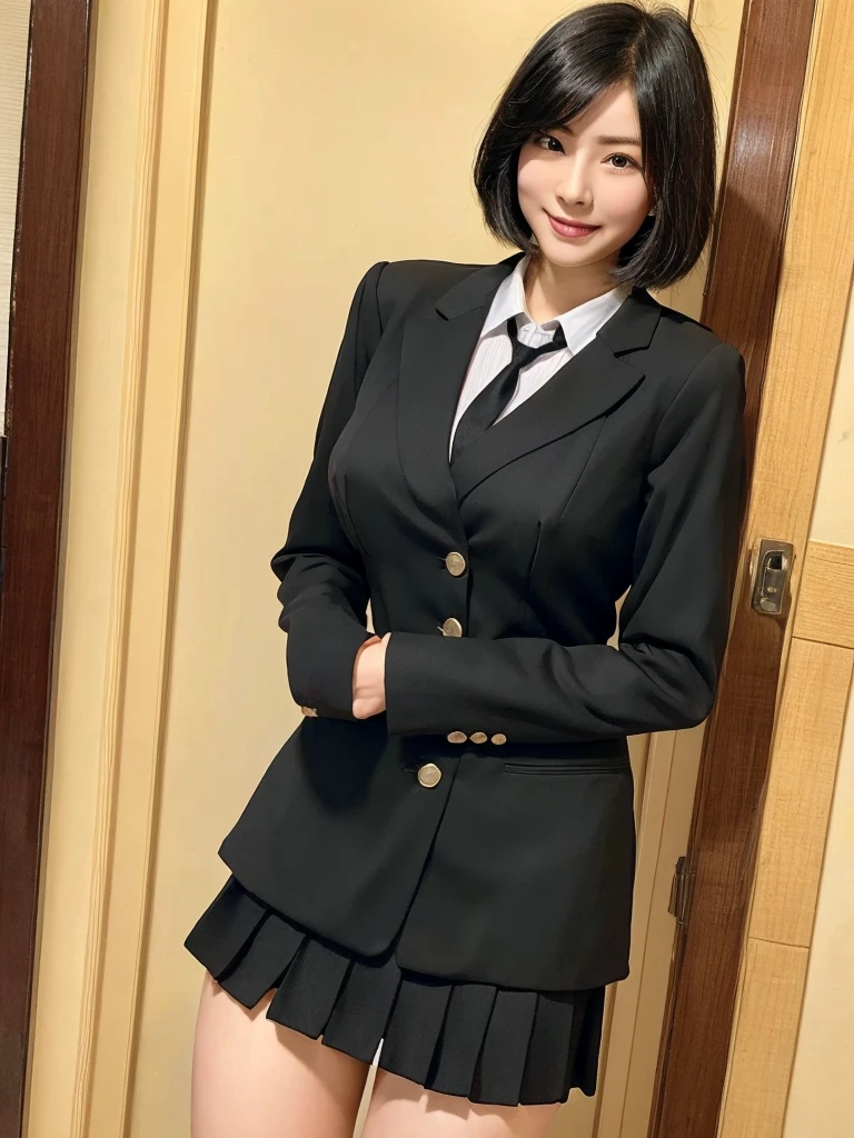 Highest quality、masterpiece、8k、Very detailed、Realistic、Looking at me with a smile、whole body、Black Hair、Short Hair、Small face、Slender、(Very large breasts:1.2)、Thin and beautiful legs、narrow and constricted waist,、(Tight reception uniform:1.2)、Tight black jacket、Black short tight skirt