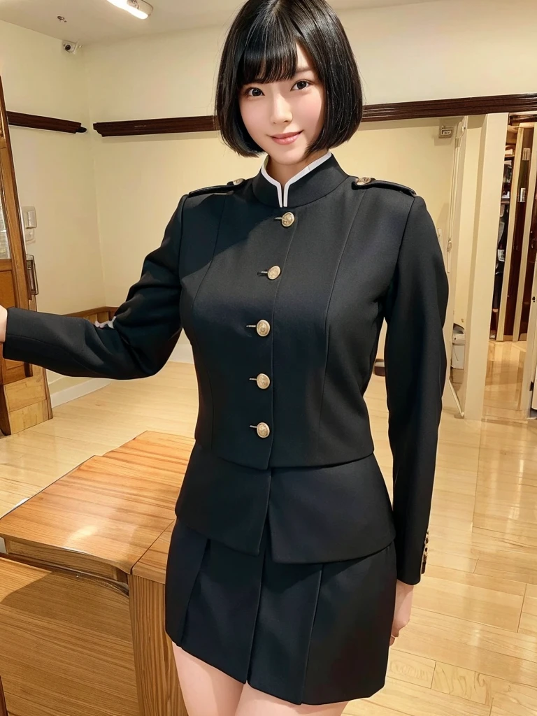 Highest quality、masterpiece、8k、Very detailed、Realistic、Looking at me with a smile、whole body、Black Hair、Short Hair、Small face、Slender、(Very large breasts:1.2)、Thin and beautiful legs、narrow and constricted waist,、(Tight reception uniform:1.2)、Tight black jacket、Black short tight skirt