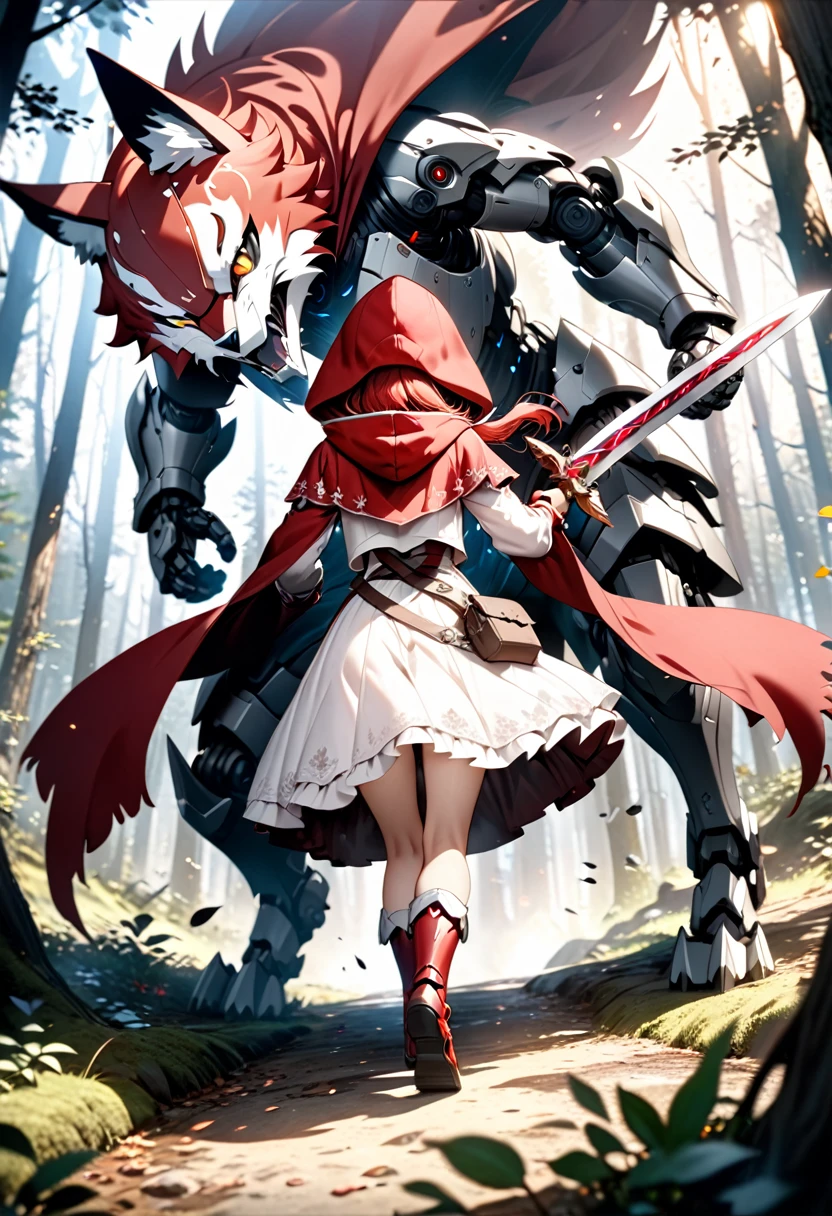 fantasy cg art,1girl with red twintail hair,cute red and white robot armor,(long red hood,red and white decorated sword held in both hands:1.2),large black robot wolf about to pounce,tense battle in mysterious forest,view from behind little red riding hood,best quality,4k,8k,highres,masterpiece:1.2,ultra-detailed,HDR,UHD,studio lighting,ultra-fine painting,sharp focus,physically-based rendering,extreme detail description,professional,vivid colors,bokeh