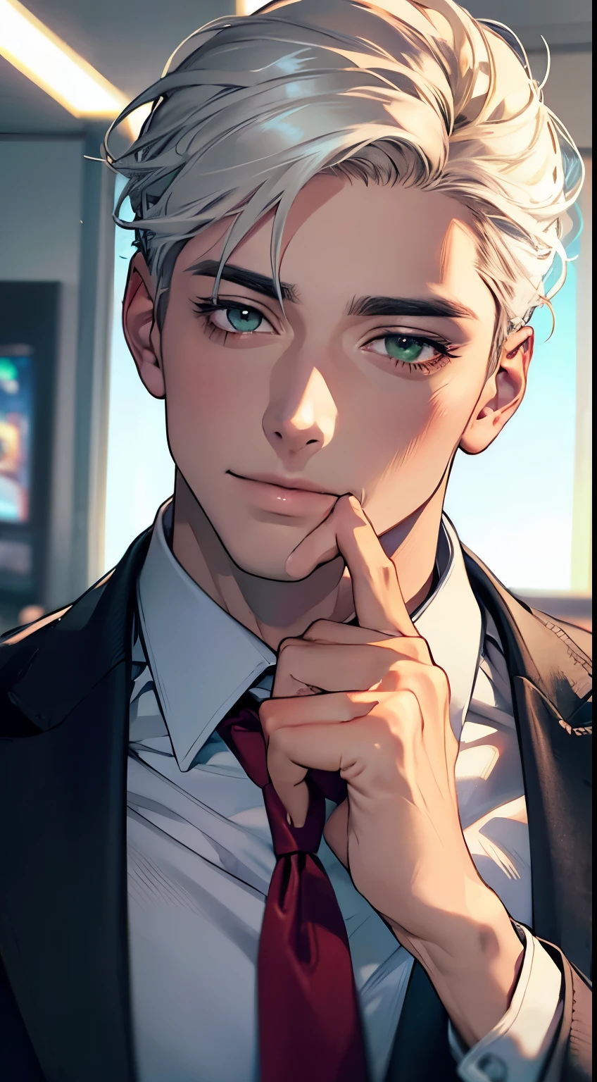 (Highest quality,4K,8K,High resolution,masterpiece:1.2),Super detailed,(Realistic,photoRealistic,photo-Realistic:1.37),1 person,34 years old,Mature Men,Beautiful skin、very handsome,Expressionless smile in love,Short white hair,green eyes,Sharp Eyes,A perfect face without a doubt,Businessman, CEO, Office Background,Cinema Lighting,HDR image,tie、