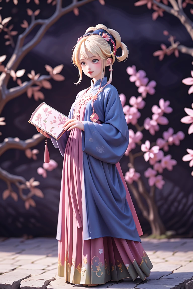 an epic colorful book cover of a 20th century young Blonde 20 year old Swedish witch, green eyes, transported in Tang Dynasty times in ancient China, European face, Tang dynasty clothes, wearing colorful red hanfu, neutral expression, holding a shining magic book, in a palace room, masterpiece, best quality, trending on artstation, intricate details, eerie magical atmosphere, sparkles, epic background, Chinese palace in the background, magic sparkles, magical atmosphere