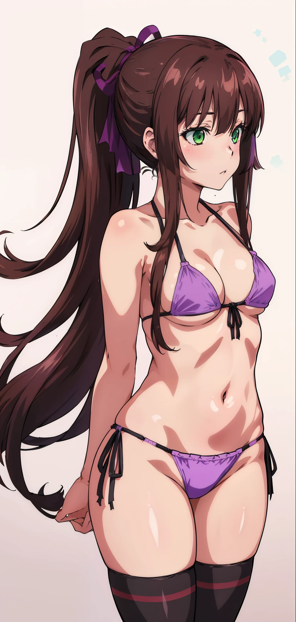masterpiece, best quality,1girl,solo,kirasaka sayaka,brown hair,long hair,ponytail, hair ribbon, green eyes,,purple thighhighs, wariza, (bikini). 