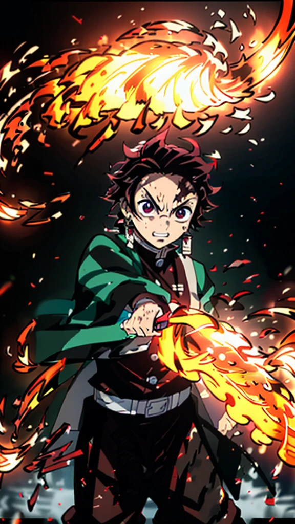 Masterpiece、Demon slayer、Tanjiro Kamado、Flame Background、Flaming Japan sword、Angry Face