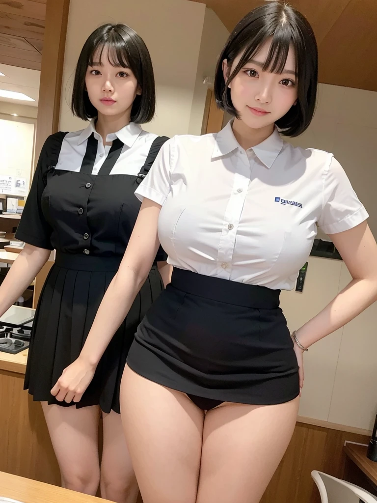 Highest quality、masterpiece、8k、Very detailed、Realistic、(One person:1.2)、Looking at me with a smile、whole body、Black Hair、Short Hair、Small face、Slender、(Very large breasts:1.2)、Thin and beautiful legs、narrow and constricted waist,、(Family Restaurant Uniforms:1.2)、A tight-fitting white shirt with buttons and a collar、A short, black, high-waisted skirt、(Nobody background)