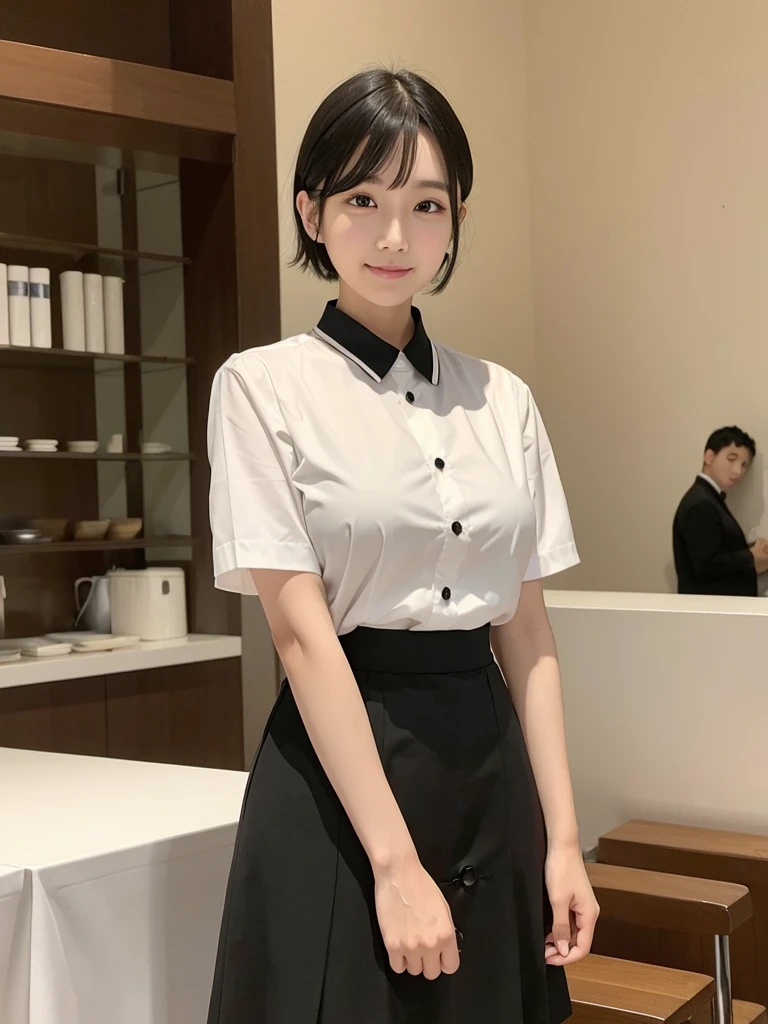 Highest quality、masterpiece、8k、Very detailed、Realistic、(One person:1.2)、Looking at me with a smile、whole body、Black Hair、Short Hair、Small face、Slender、(Very large breasts:1.2)、Thin and beautiful legs、narrow and constricted waist,、(Family Restaurant Uniforms:1.2)、A tight-fitting white shirt with buttons and a collar、A short, black, high-waisted skirt、(Nobody background)