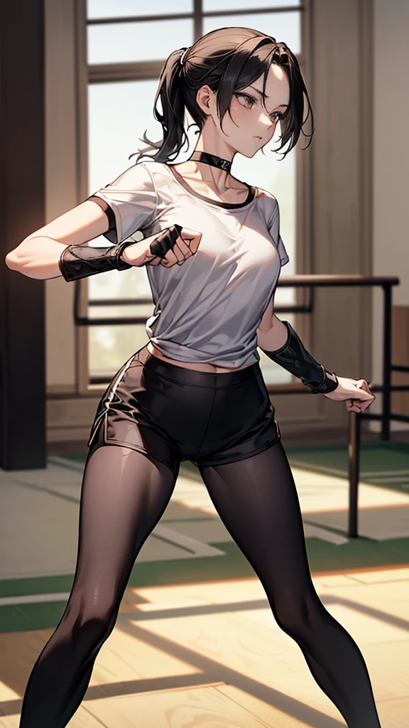 ((Highest quality)), ((masterpiece)), (detailed)　｛{{Slender female martial arts instructor}}｝　Shorts　{{Décolletage}}　{{White short-sleeved T-shirt with long length}}　Mature Woman　((Combat Stance))　Long fingerless gloves　Black tights　{{Inside the dojo}}　Black Hair　ponytail　((Leggings with integrated shorts))　clavicle　choker