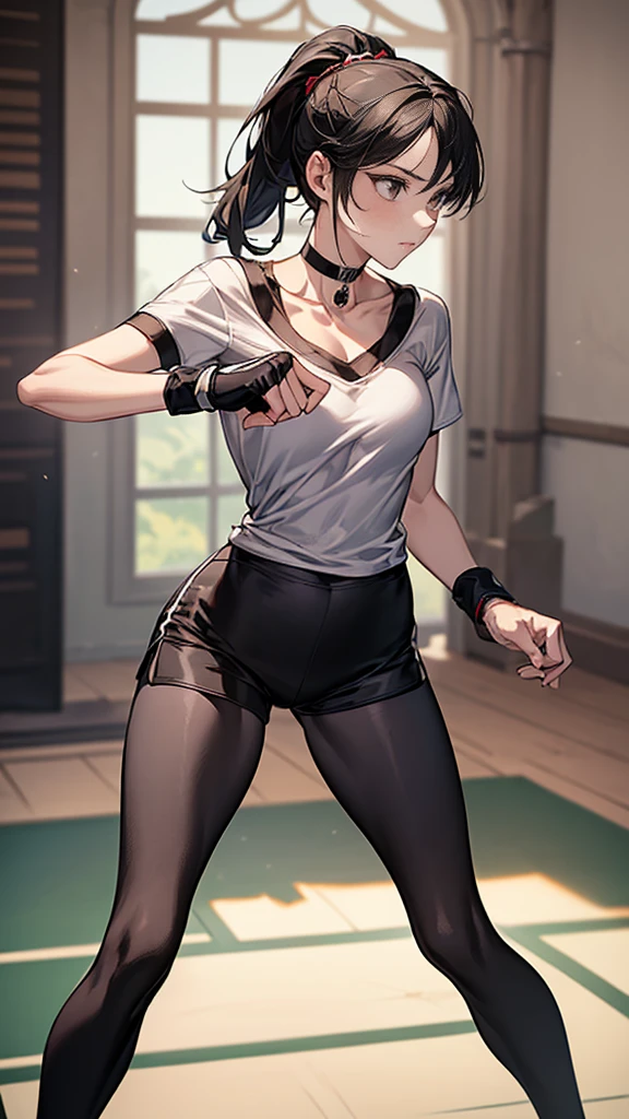 ((Highest quality)), ((masterpiece)), (detailed) {{{Slender female martial arts instructor}}} Shorts {{Décolletage}} {{White short-sleeved T-shirt with long length}} Mature Woman ((Combat Stance)) Long fingerless gloves Black tights {{Inside the dojo}} Black Hair ponytail ((Leggings with integrated shorts)) clavicle choker