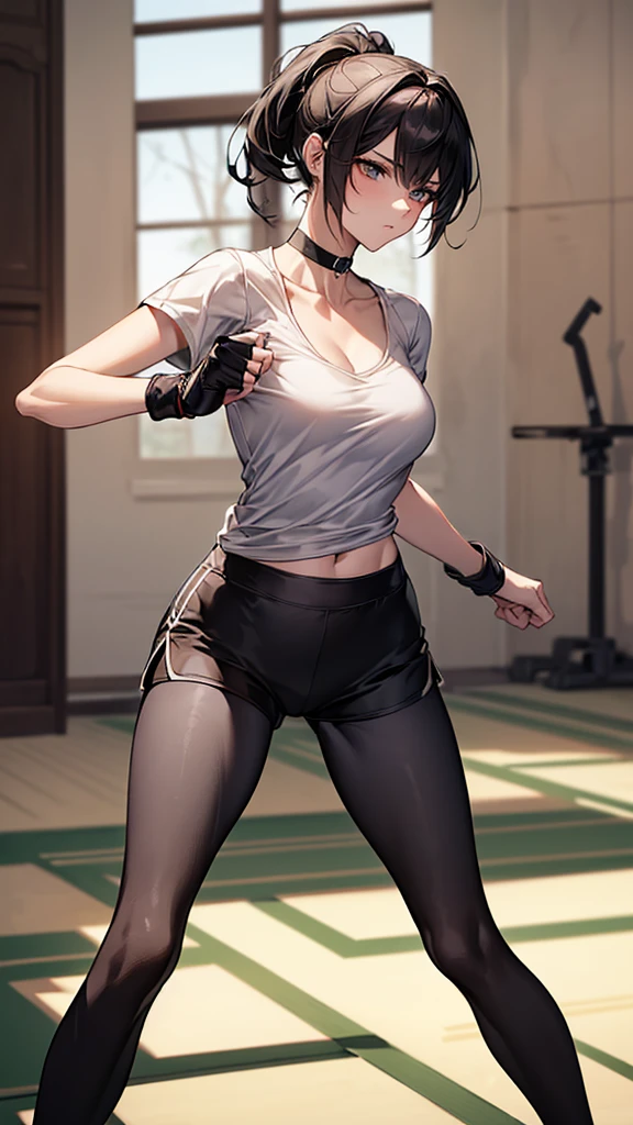 ((Highest quality)), ((masterpiece)), (detailed) {{{Slender female martial arts instructor}}} Shorts {{Décolletage}} {{White short-sleeved T-shirt with long length}} Mature Woman ((Combat Stance)) Long fingerless gloves Black tights {{Inside the dojo}} Black Hair ponytail ((Leggings with integrated shorts)) clavicle choker