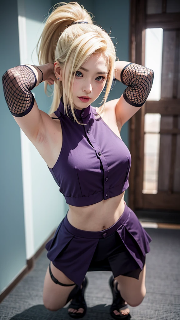 yamanaka ino, hair over one eye, ponytail, hairclip purple crop top, sleeveless, purple skirt, fishnets, earrings, midriff, ultra realistic, high res, highly detail, masterpiece, best quality, blushing, kawaii face, cute face, fighting pose, looking at viewer, blonde hair, full body, short skirt, gothic legins.((Full body))(((Showing armpits and pussy)))half naked