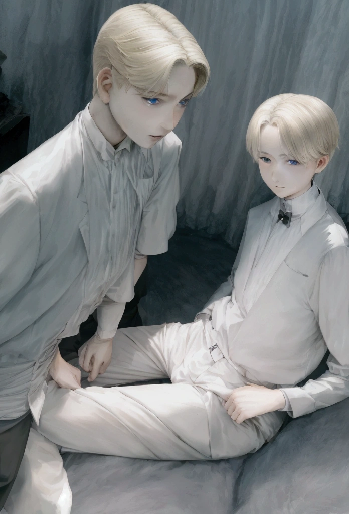 ((((((One boy)))))), fluffy blonde short hair, Wolf Year, Wolf's tail, Slim figure, ((Pale skin)), Sky blue eyes, Joyful, Thick thighs, lingerie, Big Ass, tooth, Narrow waist, Thin body type