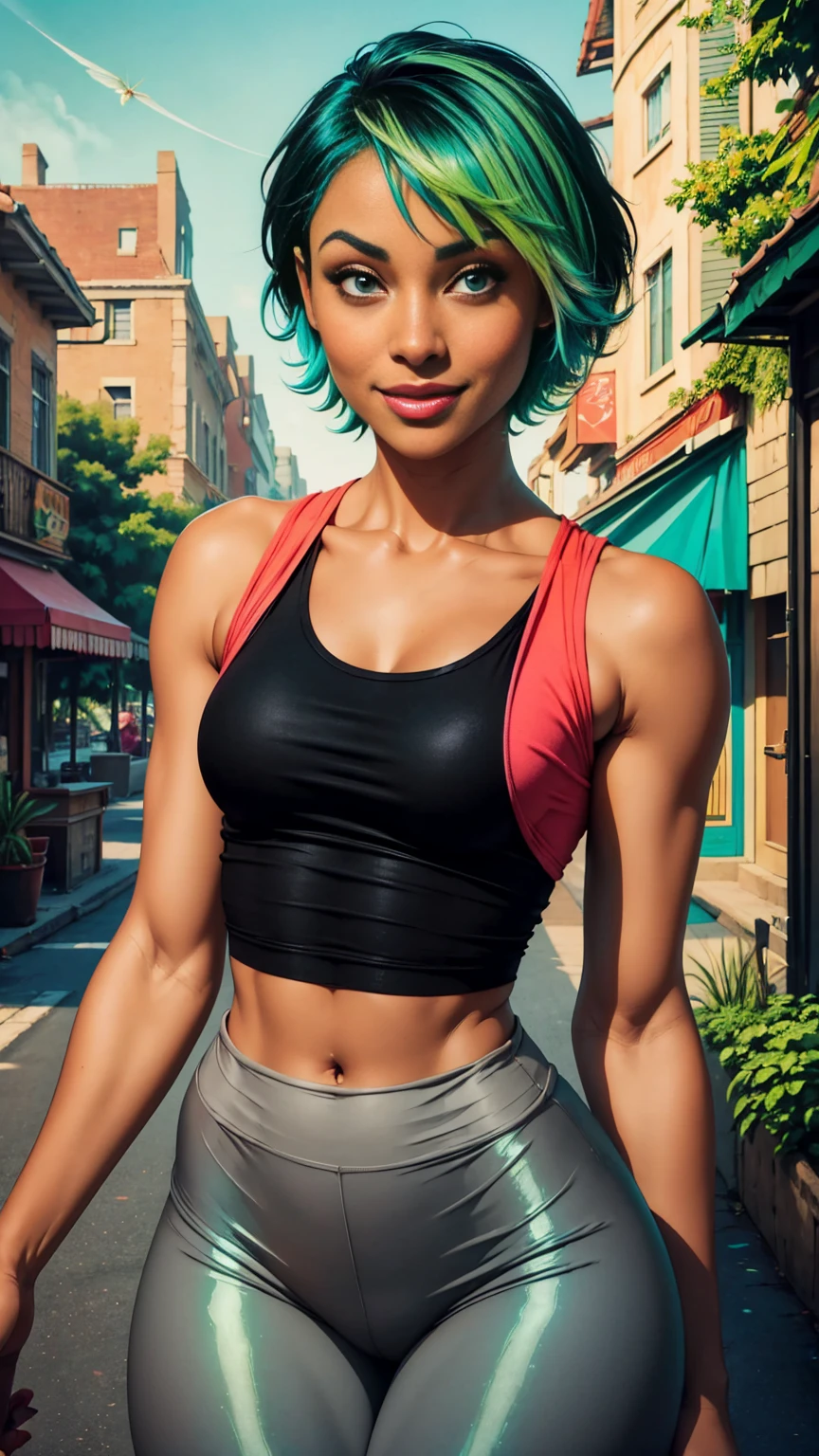 Light skinned African, adult, pixie haircut, green hair, small insect wings on back, ((thin black tank top with grey leggings)), smile, Enchanting, Vivid colors, Turquoise, Soft Coral, Fantasy world, Digital painting, Iridescent accents, Elegant, HD, Highly detailed, urban setting, Beautiful woman, Realistic face, Natural photography, Ultra HD