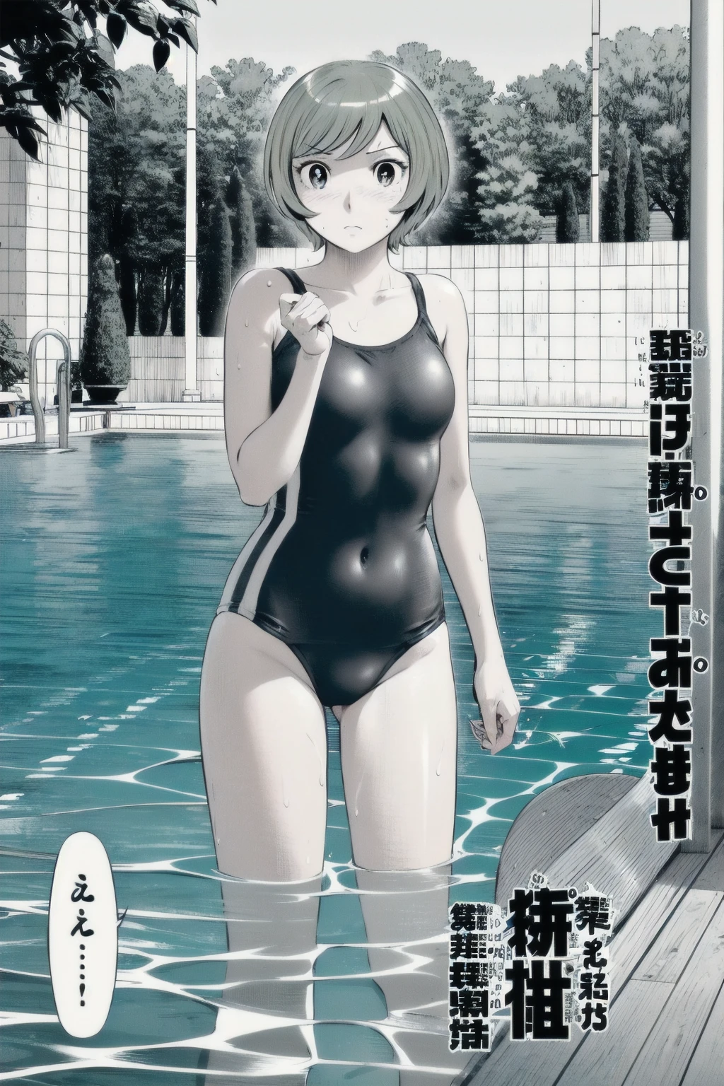 Blue school swimsuit、(masterpiece、Highest quality)、Highest quality, Ultra-high resolution, (((masterpiece))), alone, Sweat、Big eyes, Composition from the front、Shortcuts、Embarrassed face、blonde、Cut your hair short、School swimming pool、short hair、Pussy Line、Browsing Caution、Butt