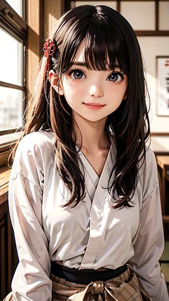 very cute and beautiful girl,(Highly detailed beautiful face),(((A very cute face like a top Japanese idol)))、White blouse,ribbon,(Pleated check mini skirt),
Black Hair,Wooden classroom,
(Highest quality,masterpiece:1.0),Absurd,High resolution,Highly detailed background,Long Hair、(((((Composition from the front)))))、Bright colors、(((smile)))、(((looking at the camera)))、(((upper body shot)))、Very beautiful big eyes like a famous Japanese idol