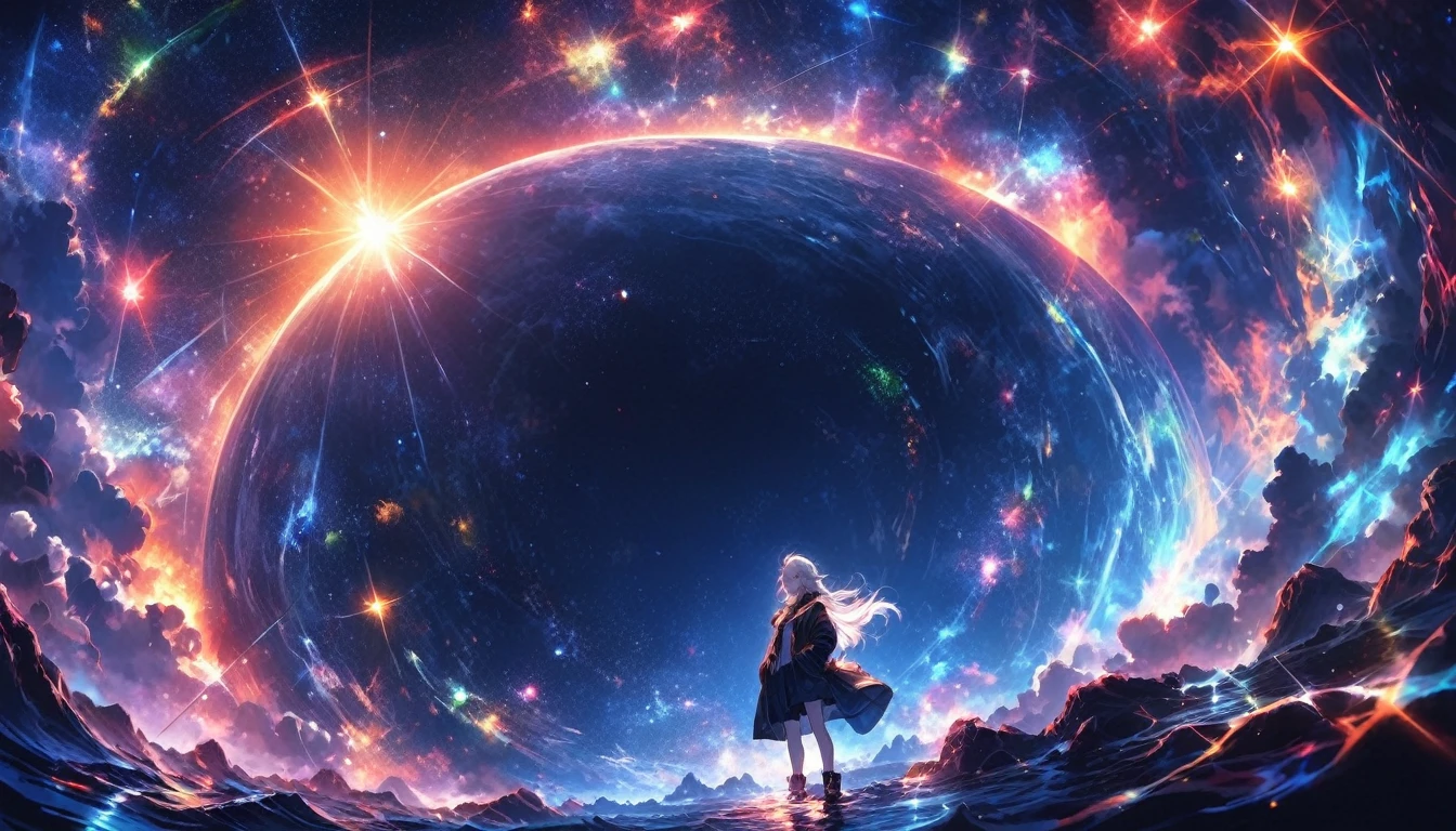 Starry Sky, After the Rain, horizon , In the sky,Lens flare, colorful,coat,Put your hands in your pockets,(student, 18-year-old, ＪＫ, Her short silver hair sways, Pale skin, Lack of eye sparkle) Look up at the sky, Beautiful sky, There is an ocean,White Street,The scenery is beautiful, 広いLook up at the sky, I see the wind blowing and shining, In the skyは正午の月と正午の星がある,From below, break ,quality(8k,非常に精細なCGユニットのwallpaper, masterpiece,High resolution,top-quality,top-quality real texture skin,Surreal,Increase the resolution,RAW Photos,最高quality,Very detailed,wallpaper,Cinema Lighting,Ray Tracing,Golden Ratio),Have a long-term perspective