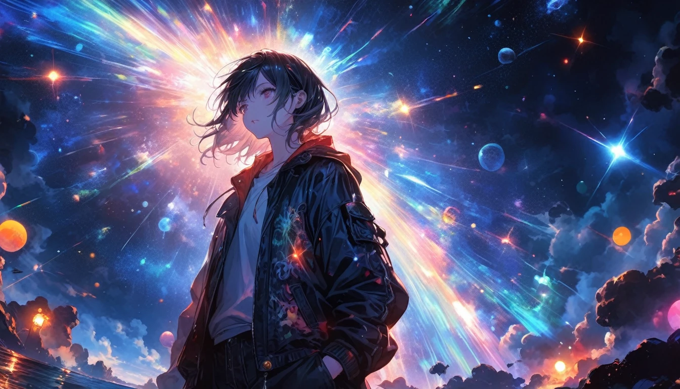 Starry Sky, After the Rain, horizon , In the sky,Lens flare, colorful,coat,Put your hands in your pockets,(student, 18-year-old, ＪＫ, Her short silver hair sways, Pale skin, Lack of eye sparkle) Look up at the sky, Beautiful sky, There is an ocean,White Street,The scenery is beautiful, 広いLook up at the sky, I see the wind blowing and shining, In the skyは正午の月と正午の星がある,From below, break ,quality(8k,非常に精細なCGユニットのwallpaper, masterpiece,High resolution,top-quality,top-quality real texture skin,Surreal,Increase the resolution,RAW Photos,最高quality,Very detailed,wallpaper,Cinema Lighting,Ray Tracing,Golden Ratio),Have a long-term perspective