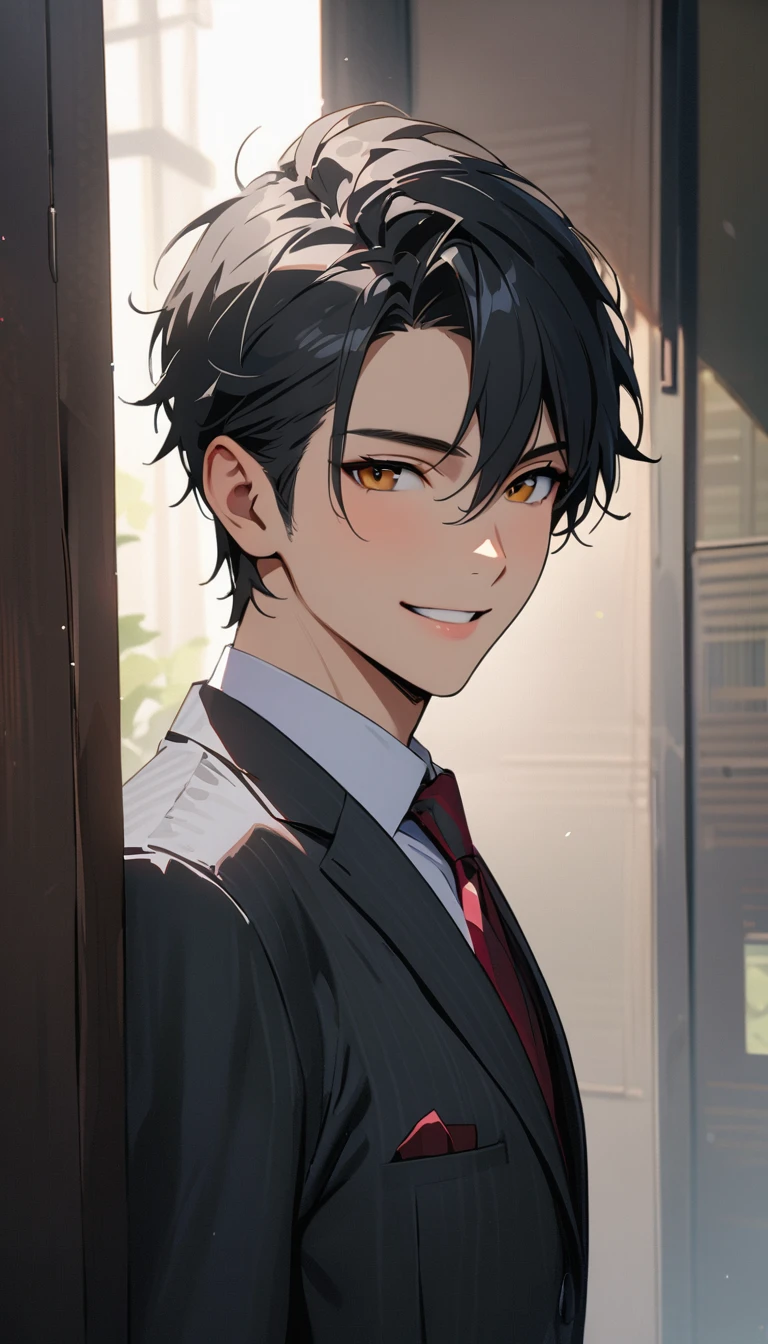 15 years old, modern, Verism, masterpiece, textured skin, super detail, best quality, 4K,A handsome man with short black hair is wearing a charcoal gray suit. He has a kind and sincere smile.