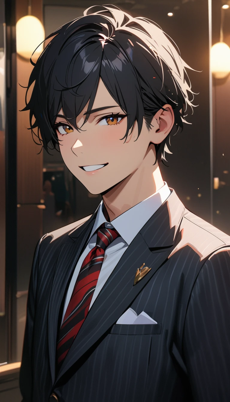 15 years old, modern, Verism, masterpiece, textured skin, super detail, best quality, 4K,A handsome man with short black hair is wearing a charcoal gray suit. He has a kind and sincere smile.
