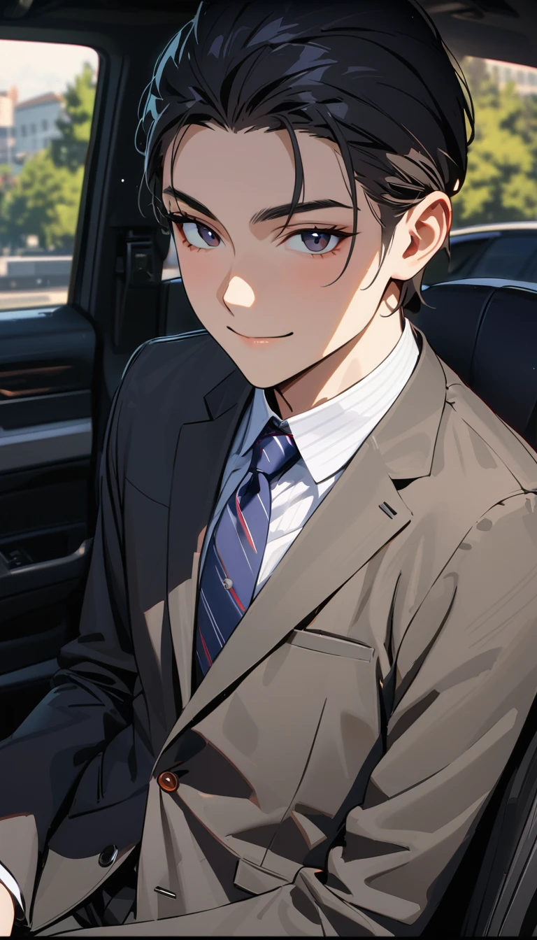 15 years old, modern, Verism, masterpiece, textured skin, super detail, best quality, 4K,A handsome man with short black hair is wearing a charcoal gray suit. He has a kind and sincere smile.