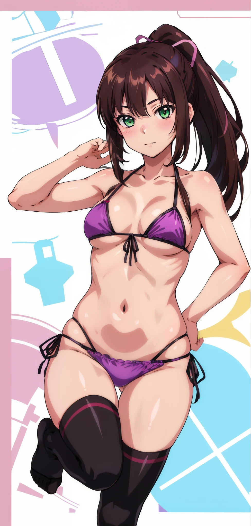masterpiece, best quality,1girl,solo,kirasaka sayaka,brown hair,long hair,ponytail, hair ribbon, green eyes,,purple thighhighs, wariza, (bikini). 