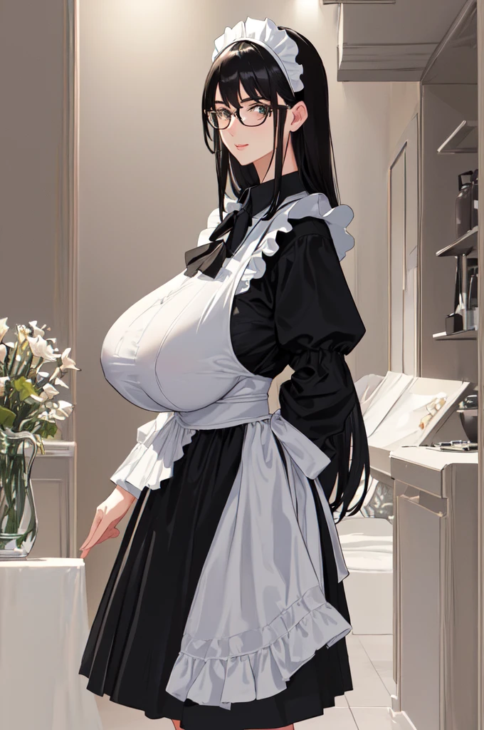 {{masterpiece}},high quality, 4K, 2D, 1 girl,{simple gray background},(attractive mature lady:1.6),milf,standing,sagging breasts,(gigantic breasts:1.5),maid,front face,{{tareme}},attractive mature lady,black hair, {from right in front of face and body},View viewers from front,{front facing shot},Wear glasses,(serious:0.1)