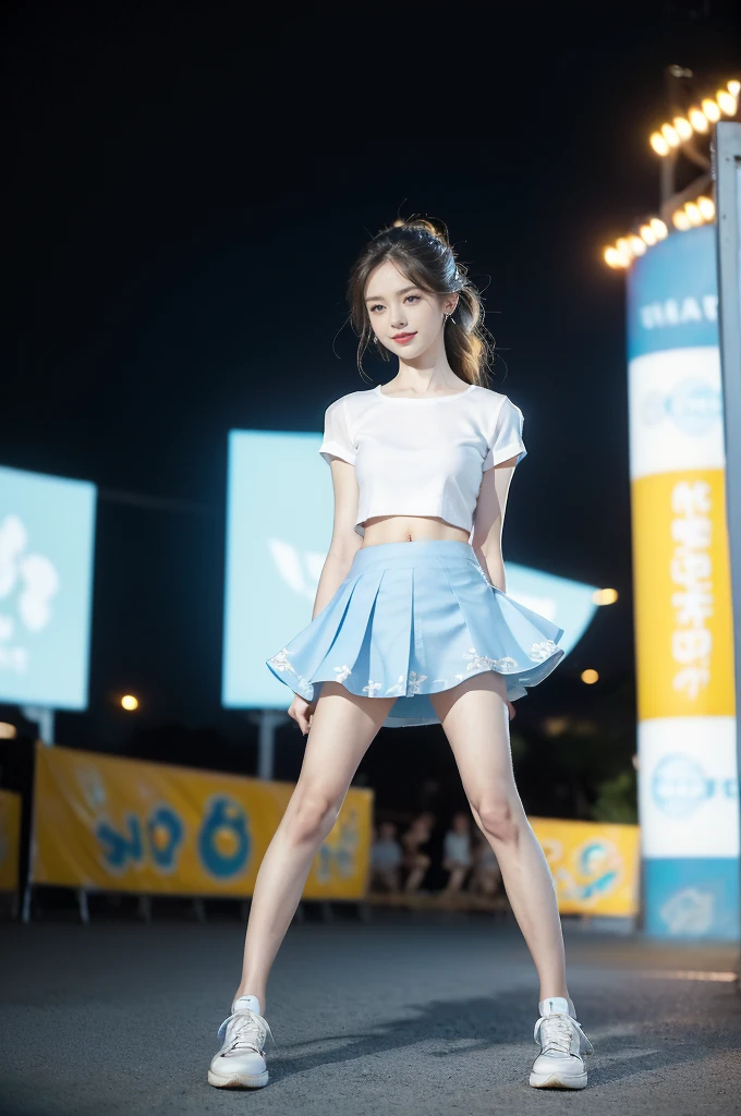 (((best quality))),(((ultra detailed))),(((masterpiece))),illustration,((a beautiful girl,solo)),((slim,thin)),((small breasts,flat chest,claviclis,navel)),(blue short-sleeved white shirt:1.5),(blue mini-skirt:1.3),(slender legs:1.2),(sneakers:1.3),(standing:1.3),((on a stage,outside a shopping mall, at the entrance of a beer promotional event,on the street)),((surrounded by crowded crowds)),((her hair and the edges of her skirt fluttering in the air)),hair flows freely in the wind,fluttering skirt,expressive eyes,infectious smile,the stage adorned with colorful decorations,vibrant atmosphere,(night scene:1.3),(from front:1.3),(arms behind back:1.3),(full body:1.3),