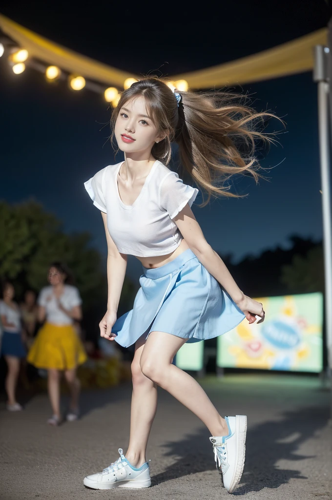(((best quality))),(((ultra detailed))),(((masterpiece))),illustration,((a beautiful girl,solo)),((slim,thin)),((small breasts,flat chest,claviclis,navel)),(blue short-sleeved white shirt:1.5),(blue mini-skirt:1.3),(slender legs:1.2),(sneakers:1.3),(standing:1.3),((on a stage,outside a shopping mall, at the entrance of a beer promotional event,on the street)),((surrounded by crowded crowds)),((her hair and the edges of her skirt fluttering in the air)),hair flows freely in the wind,fluttering skirt,expressive eyes,infectious smile,the stage adorned with colorful decorations,vibrant atmosphere,(night scene:1.3),(from front:1.3),(arms behind back:1.3),(full body:1.3),