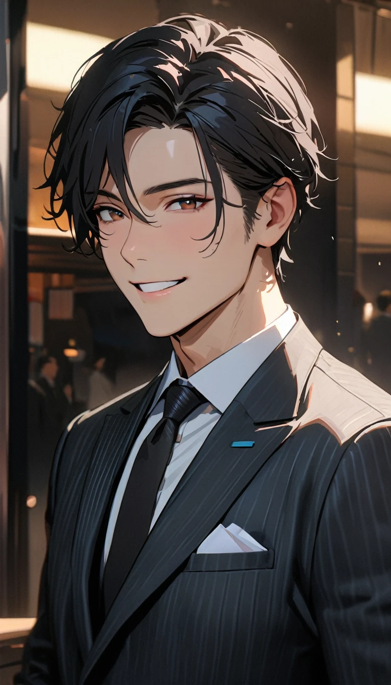 35 years old, modern, Verism, masterpiece, textured skin, super detail, best quality, 4K,A handsome man with short black hair is wearing a charcoal gray suit. He has a kind and sincere smile.