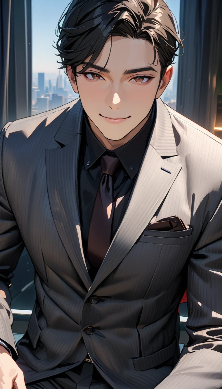 35 years old, modern, Verism, masterpiece, textured skin, super detail, best quality, 4K,A handsome man with short black hair is wearing a charcoal gray suit. He has a kind and sincere smile.