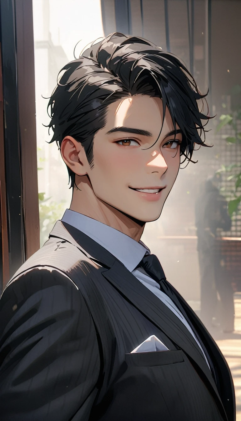 35 years old, modern, Verism, masterpiece, textured skin, super detail, best quality, 4K,A handsome man with short black hair is wearing a charcoal gray suit. He has a kind and sincere smile.