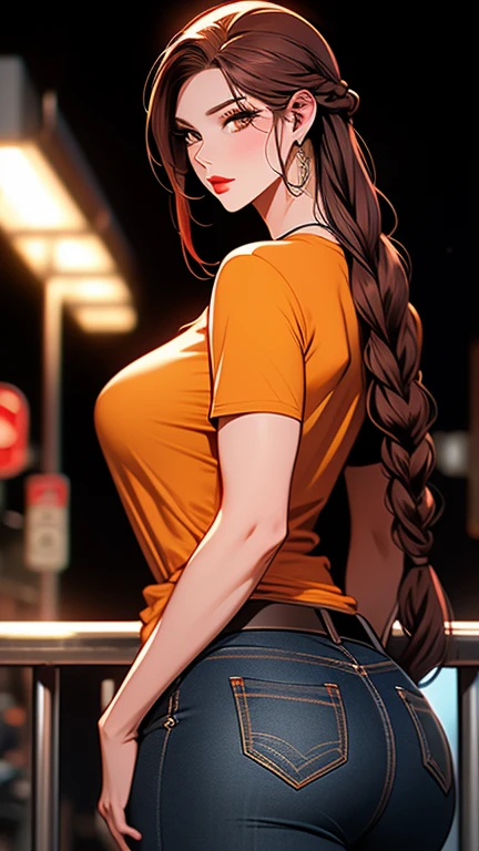 Adult Woman ,perfect face her, yellow eyes her, red lips her, very long red hair her, braids hairstyles her, extremely long red hair her, very largest glutes her,big ass her, very huge breasts her,her wear a tshirt orange and her wear a jeans black , realisian model, v8 turbo style, quality (ultra detailed, high quality, 8k, cinematic), lighting ((cinematic)), very beautiful face her