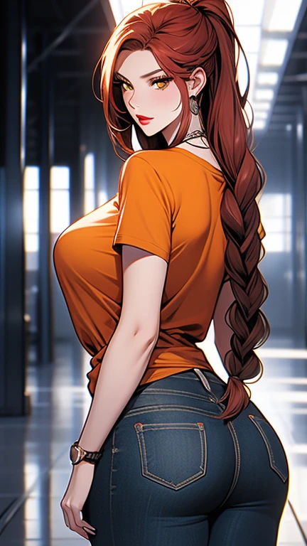 Adult Woman ,perfect face her, yellow eyes her, red lips her, very long red hair her, braids hairstyles her, extremely long red hair her, very largest glutes her,big ass her, very huge breasts her,her wear a tshirt orange and her wear a jeans black , realisian model, v8 turbo style, quality (ultra detailed, high quality, 8k, cinematic), lighting ((cinematic)), very beautiful face her