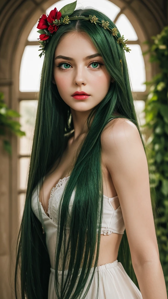 a girl. face sent feeling. Europe. Oval face. long face. delicate facial features. thoughtful eyes. seductively seductive. green eyes. long straight hair. green hair. wreath on head. Red lips. sad expression. shy. straight face