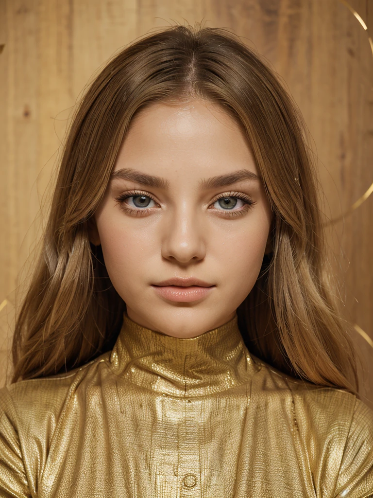 girl with waist-length blonde hair. Oval face. Small and proportional nose with a smooth straight profile with symmetry and naturalness. Large, expressive eyes with a vibrant green color with a penetrating look with long, defined eyelashes. Full and well-defined lips with marked cupid curves of moderate size and symmetrical. nose, eyes, lips and ears are balanced and complement the oval shape of the face, symmetrical with each other, healthy and well-groomed skin, as well as shiny and well-groomed hair. (Textured Skin), (((Life Real))). colorful dress in the style of abstract expressionism. The dress is made up of geometric shapes in bold colors like yellow, red, blue, and black. The dress has long sleeves and appears to reach her knees. Her left hand supports her face while her right arm rests loosely on her lap. real life, 8k.