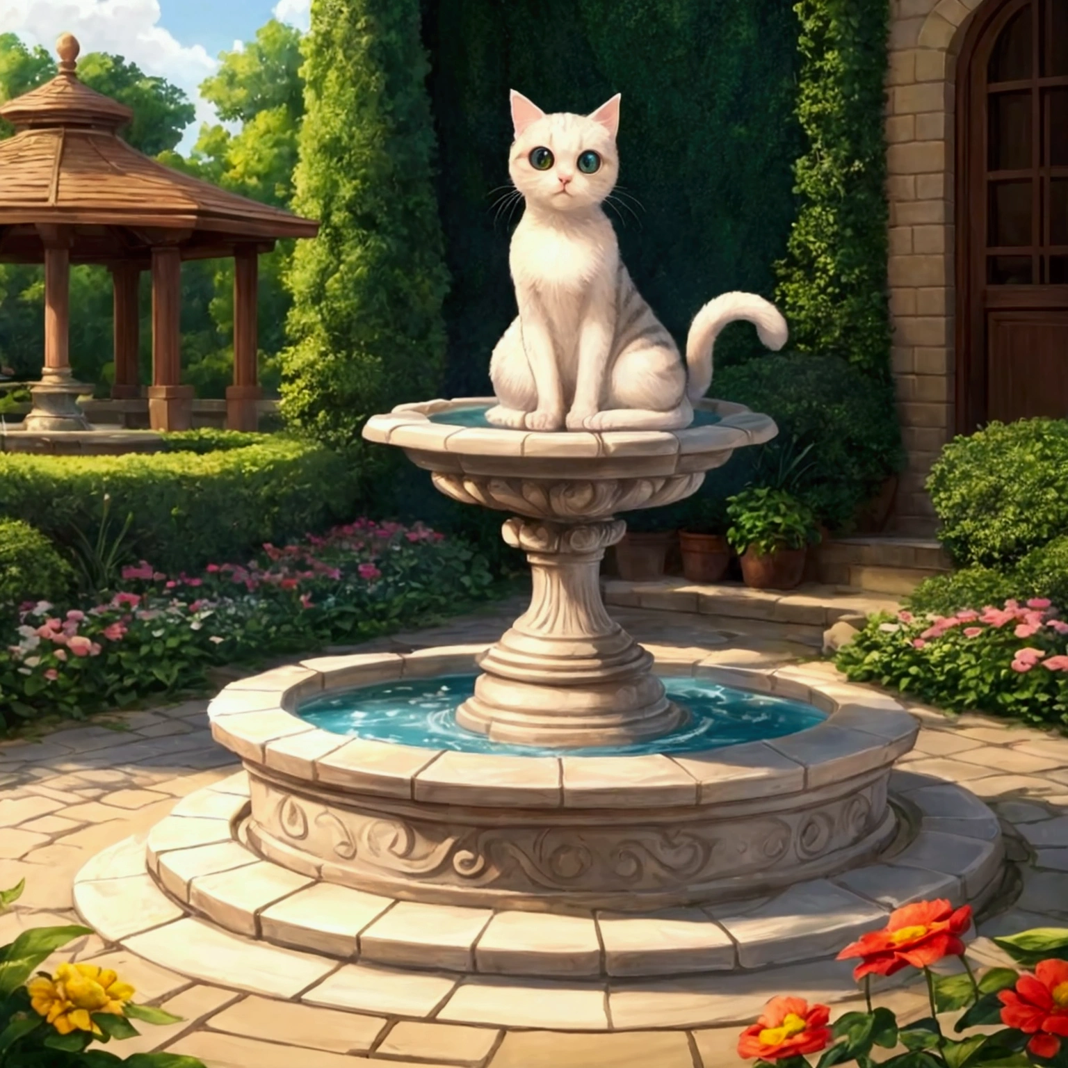 A round-eyed cute cat, Garden fountain, , Distant home, cute, Little