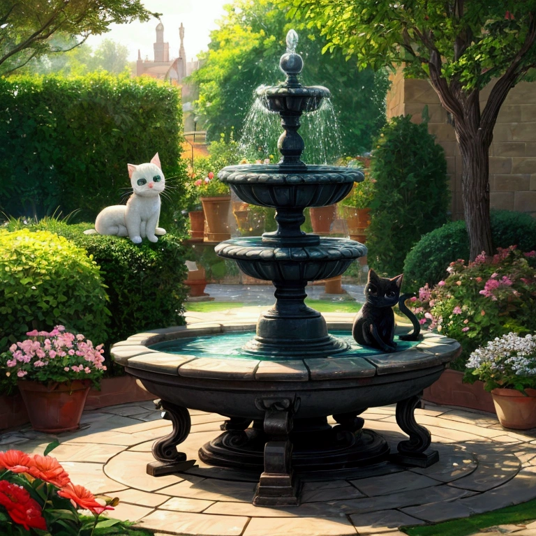 A round-eyed cute cat, Garden fountain, , Distant home, cute, Little