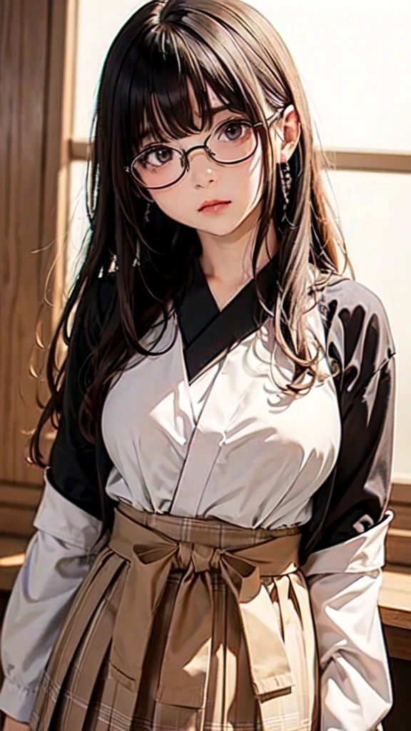 very cute and beautiful girl,(Highly detailed beautiful face),(((A very cute face like a top Japanese idol)))、White blouse,ribbon,(Pleated check mini skirt),
Black Hair,Wooden classroom,
(Highest quality,masterpiece:1.0),Absurd,High resolution,Highly detailed background,Long Hair、(((((Composition from the front)))))、Bright colors、(((Straight face)))、(((looking at the camera)))、(((upper body shot)))、Very beautiful big eyes like a famous Japanese idol、Glasses