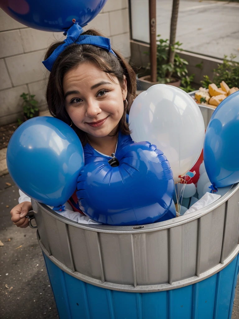 A clown with big cheeks holds a blue balloon inside a trash can