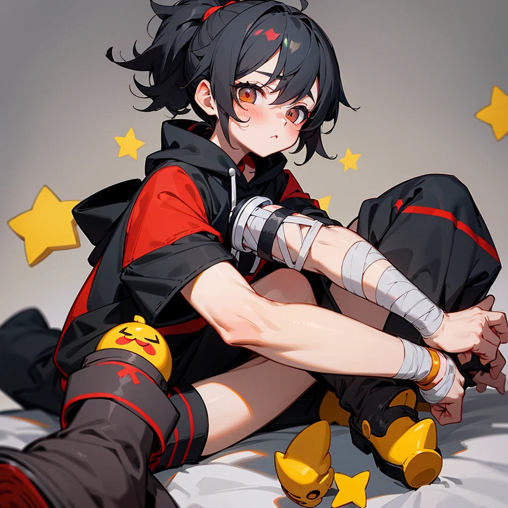 brawl stars, chibi boy, black short hair,mini black boy ponytail,blush on the cheeks, black kawaii eyes,dark gray mask on the eyes, red mini bandage around the neck, gray long hoodie, short sleeves, skinny legs, big red boots with yellow stars, seal tail