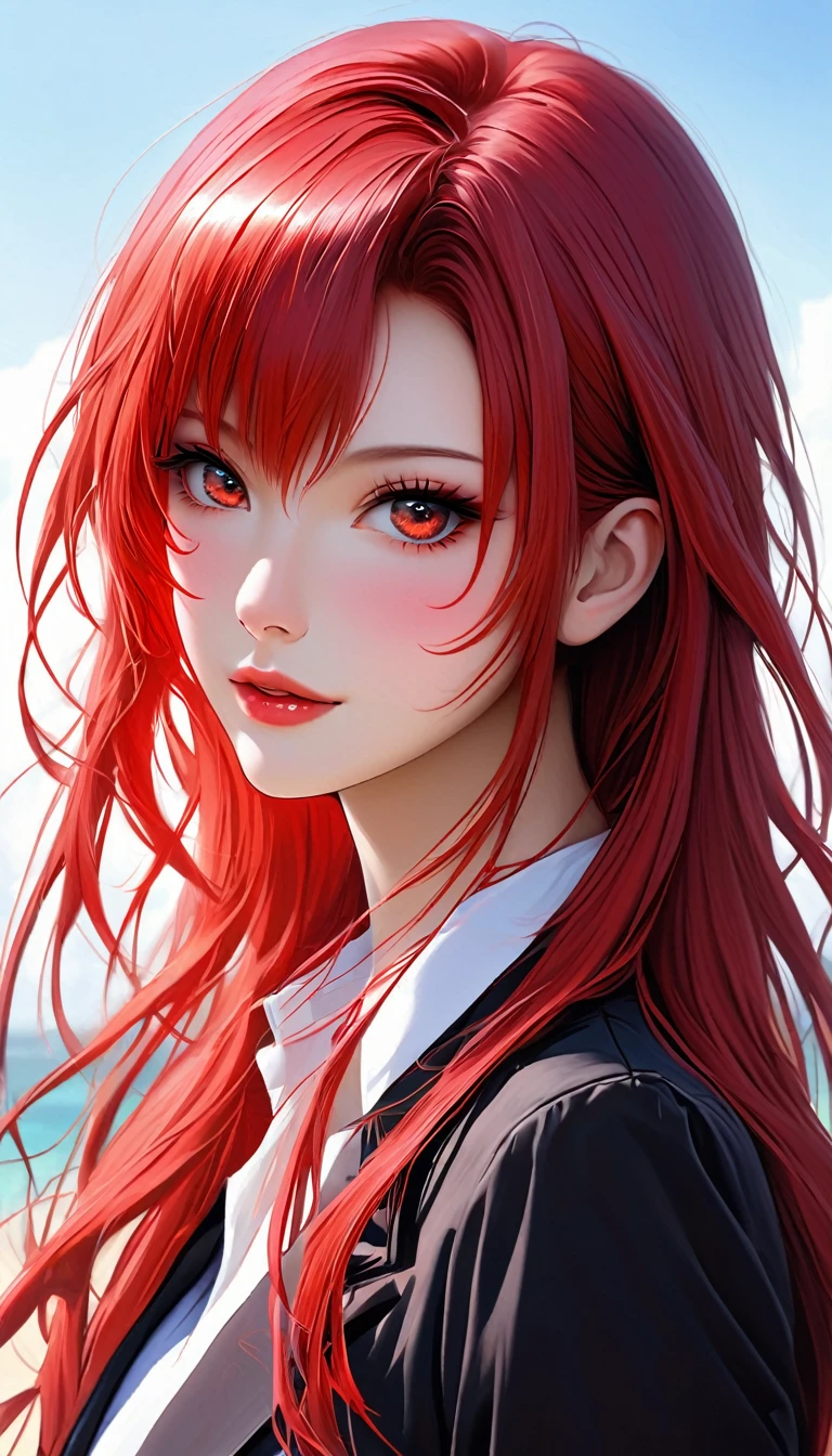 best quality, masterpiece, solo, 1girl, red hair, shirt,  red eyes, black beckground, full faces