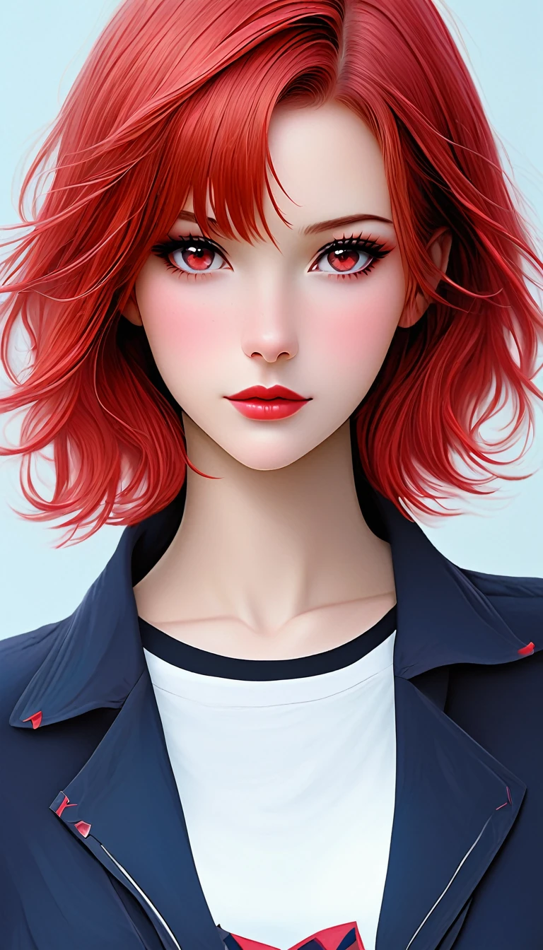 30yo Japanese woman,

red eyes, red hair, 
standing in a red town square,
open red shirt,

shading, sunspots, deep shadows,

detailed, skin detail, detailed face, cinematic, hyperdetailed,
highly detailed background,

